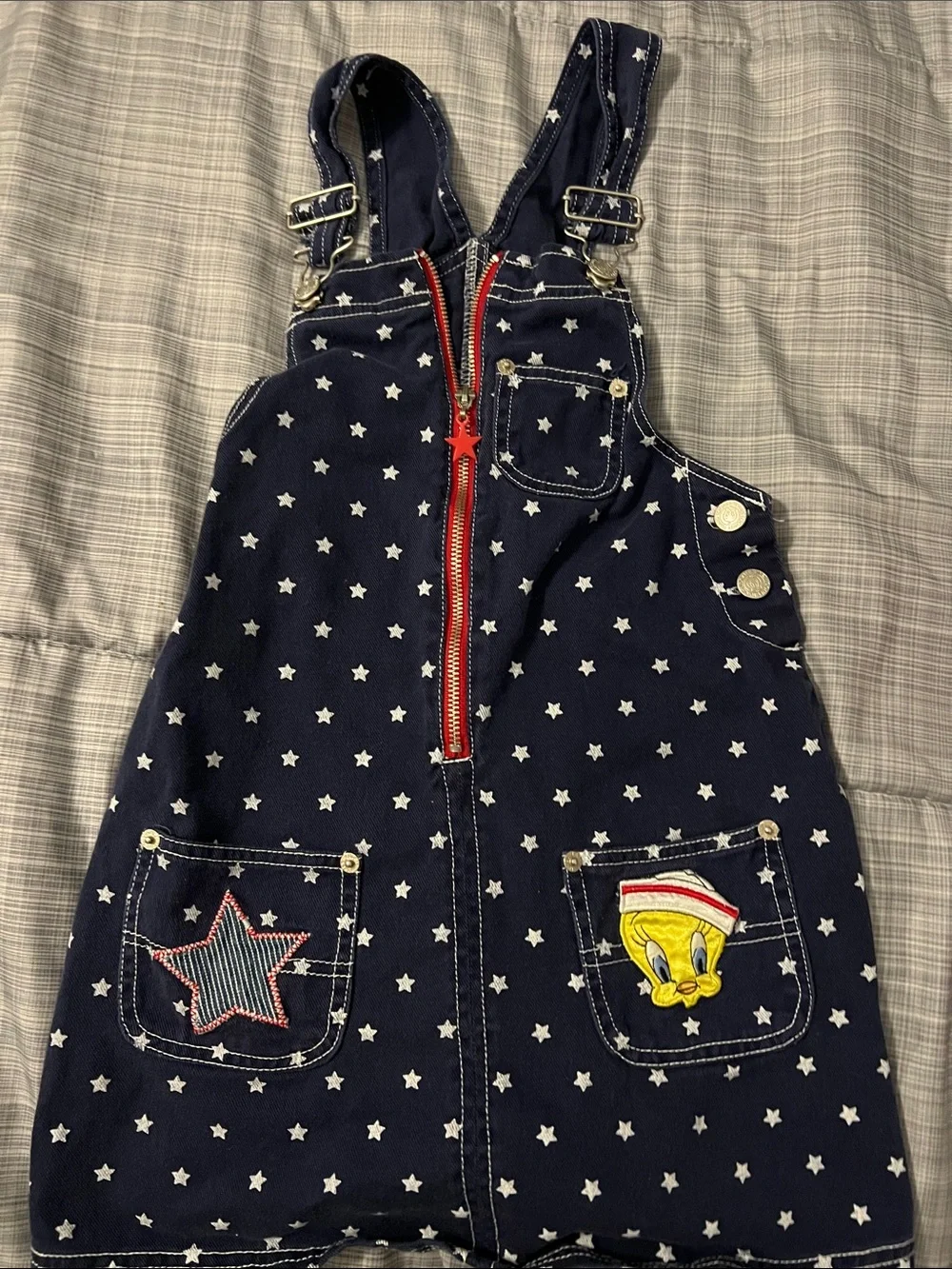 Kids Warner Bros. Navy Star Print Denim Overalls with Pink Tweety Tee